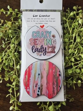 Crazy Sewing Lady Pink Multi Car Coaster Set